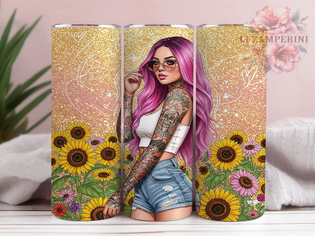 Sunflower Tattoo Boho Tumbler Wrap, Inked Girl Mug, Floral Tattoo Cup, Boho Sunflower Wrap, Artistic Ink Design, Edgy Feminine Gift, Sublimation Tumbler Wrap Sublimation Li Zamperini 