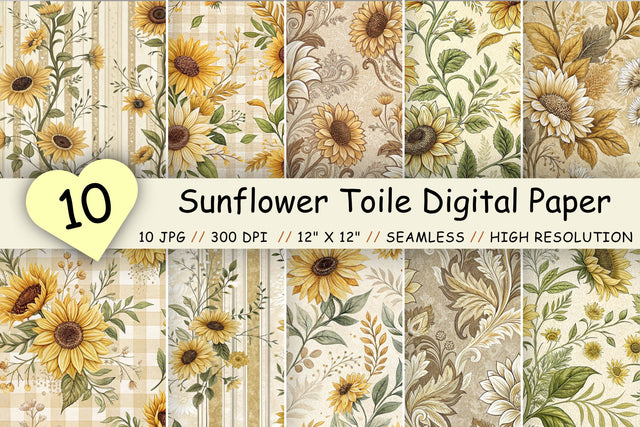 Sunflower Toile Digital Paper Pack, Vintage Floral Toile, Gingham & Stripe Seamless Patterns, Wedding, Scrapbooking & Printable Crafts Digital Pattern FloridPrintables 
