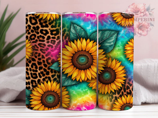 Sunflower Tumbler Wrap, Tie Dye Leopard Design, Glitter Tumbler Wrap, 20oz Sublimation Design, Seamless Tumbler Art, Digital Download Tumbler, Floral and Animal Print Sublimation Li Zamperini 