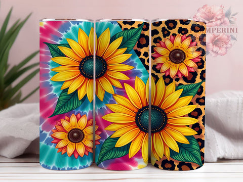 Sunflower Tumbler Wrap, Tie Dye Leopard Design, Glitter Tumbler Wrap, 20oz Sublimation Design, Seamless Tumbler Art, Digital Download Tumbler, Floral and Animal Print Sublimation Li Zamperini 