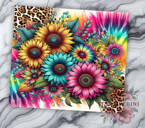Sunflower Tumbler Wrap, Tie Dye Leopard Design, Glitter Tumbler Wrap, 20oz Sublimation Design, Seamless Tumbler Art, Digital Download Tumbler, Floral and Animal Print Sublimation Li Zamperini 