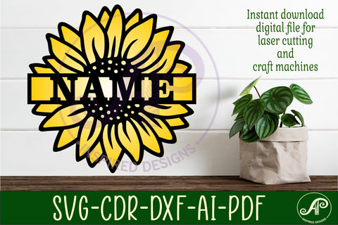 Sunflower two layer name sign svg laser cut file SVG APInspireddesigns 