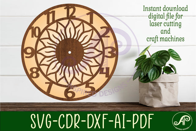 Sunflower wall clock laser cut files, SVG file. vector SVG APInspireddesigns 