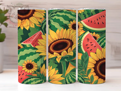 Sunflower Watermelon Art 20oz Tumbler, Watermelon Art, Tropical Still Life, Seamless Design, Floral Fruit, Skinny Tumbler, Sublimation PNG Sublimation Lara' s Designs 