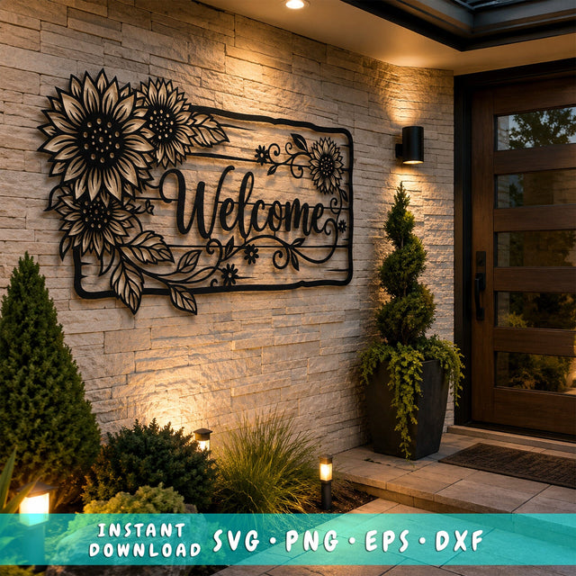 Sunflower Welcome Sign Laser SVG | Floral Welcome Door Sign DXF | Laser Cut Metal Wall Art File | CNC Plasma Cut Svg | Farmhouse Porch Decor SVG HappyDesignStudio 