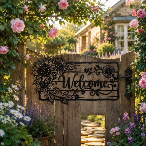 Sunflower Welcome Sign Laser SVG | Floral Welcome Door Sign DXF | Laser Cut Metal Wall Art File | CNC Plasma Cut Svg | Farmhouse Porch Decor SVG HappyDesignStudio 