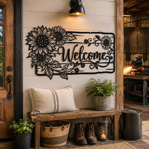 Sunflower Welcome Sign Laser SVG | Floral Welcome Door Sign DXF | Laser Cut Metal Wall Art File | CNC Plasma Cut Svg | Farmhouse Porch Decor SVG HappyDesignStudio 