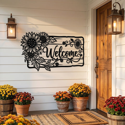 Sunflower Welcome Sign Laser SVG | Floral Welcome Door Sign DXF | Laser Cut Metal Wall Art File | CNC Plasma Cut Svg | Farmhouse Porch Decor SVG HappyDesignStudio 