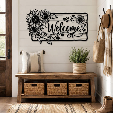 Sunflower Welcome Sign Laser SVG | Floral Welcome Door Sign DXF | Laser Cut Metal Wall Art File | CNC Plasma Cut Svg | Farmhouse Porch Decor SVG HappyDesignStudio 
