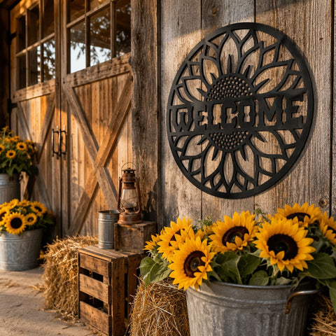 Sunflower Welcome Sign Laser SVG | Round Floral Welcome Door Hanger SVG | | CNC Plasma Metal Wall Art File | Porch Decor Digital Download SVG HappyDesignStudio 