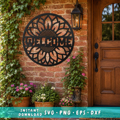 Sunflower Welcome Sign Laser SVG | Round Floral Welcome Door Hanger SVG | | CNC Plasma Metal Wall Art File | Porch Decor Digital Download SVG HappyDesignStudio 