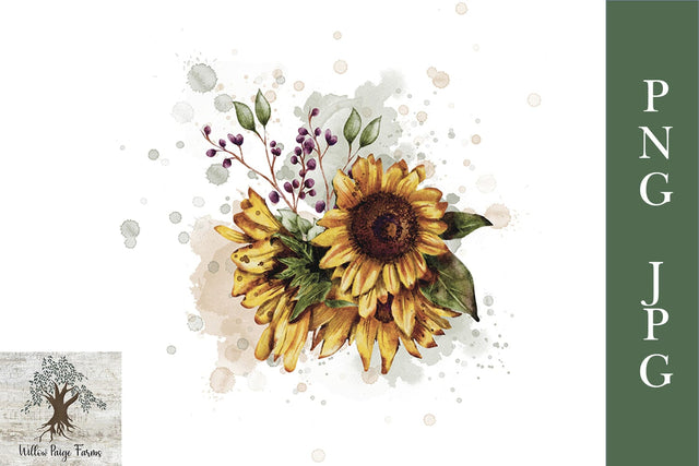 Sunflower with Berries Watercolor Digital Download JPG and PNG Sublimation Willow Paige Farms 