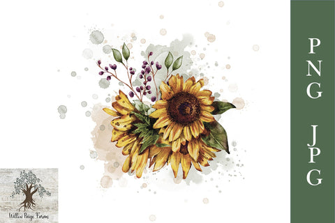 Sunflower with Berries Watercolor Digital Download JPG and PNG Sublimation Willow Paige Farms 