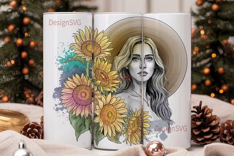Sunflower Woman Portrait Tumbler Wrap Sublimation DesignSVG 