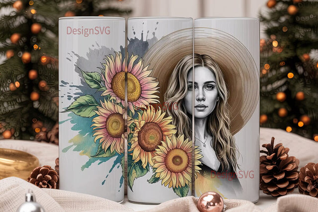Sunflower Woman Portrait Tumbler Wrap Sublimation DesignSVG 