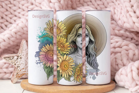 Sunflower Woman Portrait Tumbler Wrap Sublimation DesignSVG 