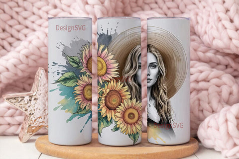 Sunflower Woman Portrait Tumbler Wrap Sublimation DesignSVG 
