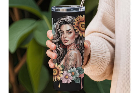 Sunflower Woman Tattoo Art 20oz Tumbler Sublimation DesignSVG 