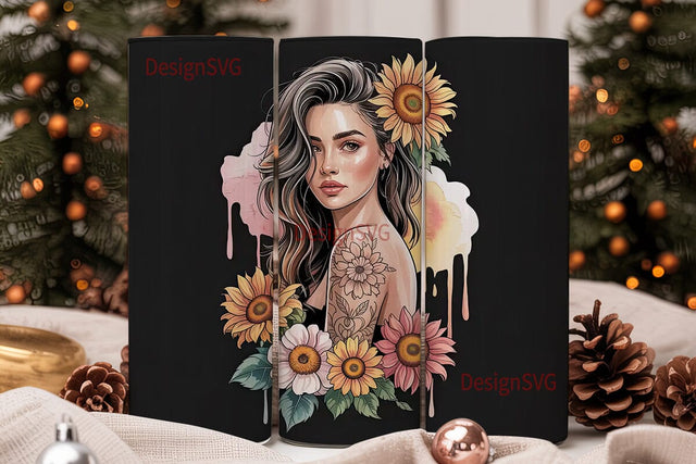 Sunflower Woman Tattoo Art 20oz Tumbler Sublimation DesignSVG 