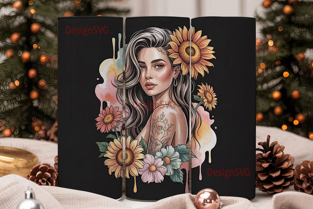 Sunflower Woman Tattoo Art 20oz Tumbler Sublimation DesignSVG 