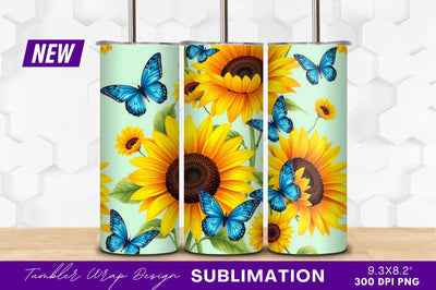 Sunflowers And Blue Butterflies Pattern Tumbler Png Sublimation Regulrcrative 