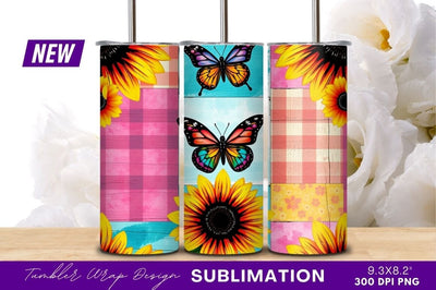 Sunflowers and butterflies colorful patchwork tumbler png Sublimation Regulrcrative 