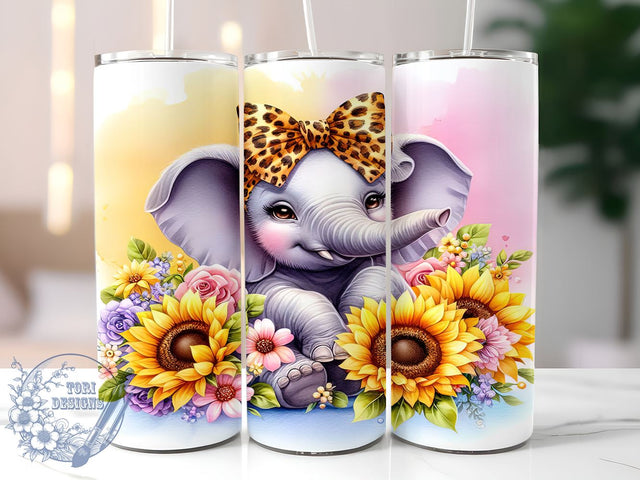 Sunflowers Baby Elephant 20oz Skinny Tumbler, Summer Floral Leopard Bow Tumbler Png, Straight & Tapered Tumbler Wrap, Instant Digital Download Sublimation ToriDesigns 