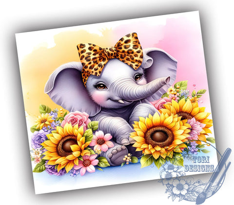 Sunflowers Baby Elephant 20oz Skinny Tumbler, Summer Floral Leopard Bow Tumbler Png, Straight & Tapered Tumbler Wrap, Instant Digital Download Sublimation ToriDesigns 