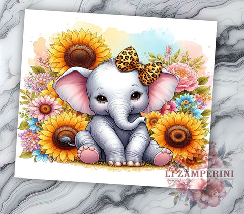 Sunflowers Baby Elephant 20oz Tumbler Wrap PNG, Cute Elephant Tumbler Png, Straight & Tapered Tumbler Wrap, Instant Digital Download Sublimation Li Zamperini 