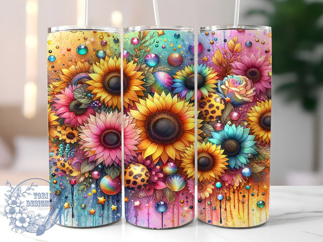 Sunflowers Glitter Leopard 20oz Skinny Tumbler, Sunflowers Tumbler Png, Straight & Tapered Tumbler Wrap, Instant Digital Download Sublimation ToriDesigns 