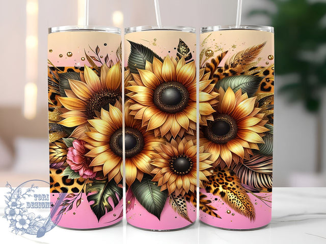 Sunflowers Glitter Leopard 20oz Skinny Tumbler, Sunflowers Tumbler Png, Straight & Tapered Tumbler Wrap, Instant Digital Download Sublimation ToriDesigns 