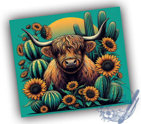 Sunflowers Highland Cow 20oz Skinny Tumbler, Farm Animal Country Tumbler Png, Straight & Tapered Tumbler Wrap, Instant Digital Download Sublimation ToriDesigns 