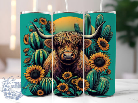 Sunflowers Highland Cow 20oz Skinny Tumbler, Farm Animal Country Tumbler Png, Straight & Tapered Tumbler Wrap, Instant Digital Download Sublimation ToriDesigns 