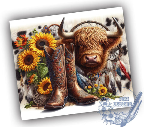 Sunflowers Highland Cow 20oz Skinny Tumbler, Western Tumbler Png, Straight & Tapered Tumbler Wrap, Instant Digital Download Sublimation ToriDesigns 