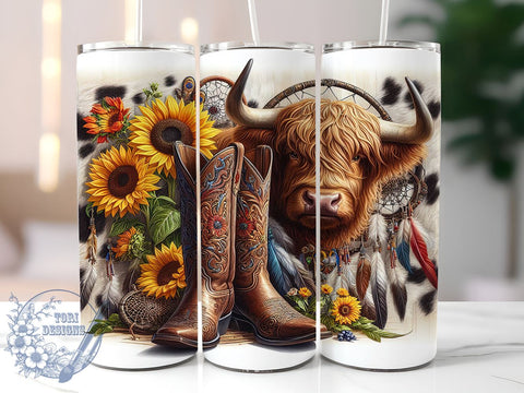 Sunflowers Highland Cow 20oz Skinny Tumbler, Western Tumbler Png, Straight & Tapered Tumbler Wrap, Instant Digital Download Sublimation ToriDesigns 