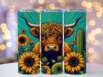 Sunflowers Highland Cow 20oz Tumbler Wrap Sublimation Design, Straight Tapered Tumbler Wrap, Western Yellow Teal Tumbler Png, Instant Digital Download Sublimation SvggirlplusArt 
