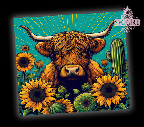 Sunflowers Highland Cow 20oz Tumbler Wrap Sublimation Design, Straight Tapered Tumbler Wrap, Western Yellow Teal Tumbler Png, Instant Digital Download Sublimation SvggirlplusArt 