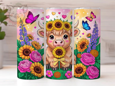 Sunflowers Highland Cow Rustic 20oz Tumbler, Flower Crown, Bright Yellow, Rustic Charm, Farmhouse Style, 20oz Tumbler Wrap, Sublimation PNG Sublimation Lara' s Designs 