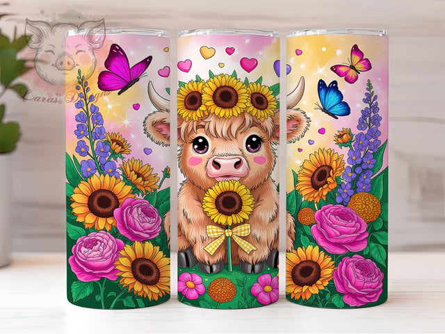 Sunflowers Highland Cow Rustic 20oz Tumbler, Flower Crown, Bright Yellow, Rustic Charm, Farmhouse Style, 20oz Tumbler Wrap, Sublimation PNG Sublimation Lara' s Designs 
