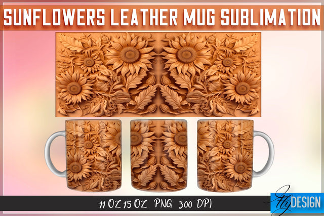 Sunflowers Leather Mug Sublimation | 11 oz 15 oz Mug | PNG File Sublimation Fly Design 