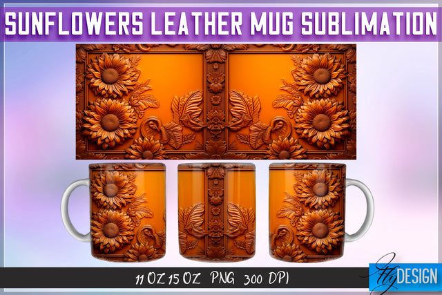 Sunflowers Leather Mug Sublimation | 11 oz 15 oz Mug | PNG File Sublimation Fly Design 