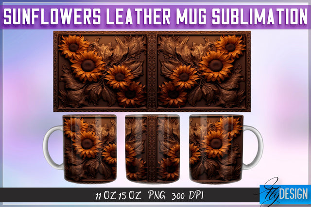 Sunflowers Leather Mug Sublimation | 11 oz 15 oz Mug | PNG File Sublimation Fly Design 