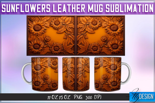 Sunflowers Leather Mug Sublimation | 11 oz 15 oz Mug | PNG File Sublimation Fly Design 