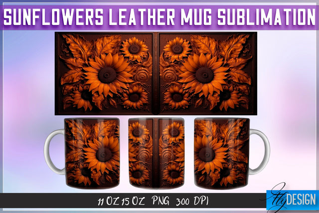 Sunflowers Leather Mug Sublimation | 11 oz 15 oz Mug | PNG File Sublimation Fly Design 