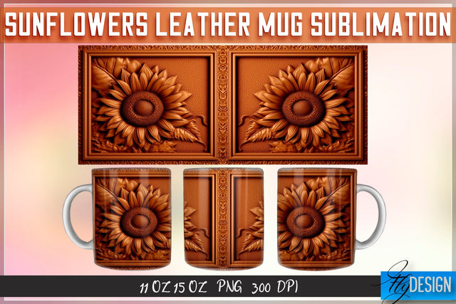 Sunflowers Leather Mug Sublimation | 11 oz 15 oz Mug | PNG File Sublimation Fly Design 