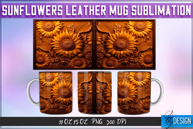 Sunflowers Leather Mug Sublimation | 11 oz 15 oz Mug | PNG File Sublimation Fly Design 
