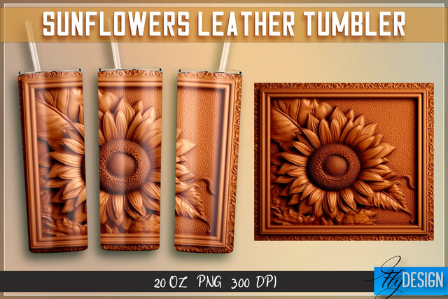 Sunflowers Leather Tumblers Wrap 20 oz | PNG File | 300 DPI Sublimation Fly Design 