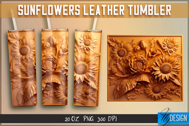 Sunflowers Leather Tumblers Wrap 20 oz | PNG File | 300 DPI Sublimation Fly Design 