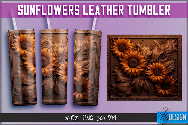 Sunflowers Leather Tumblers Wrap 20 oz | PNG File | 300 DPI Sublimation Fly Design 