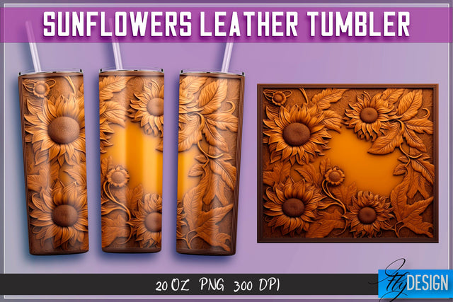 Sunflowers Leather Tumblers Wrap 20 oz | PNG File | 300 DPI Sublimation Fly Design 
